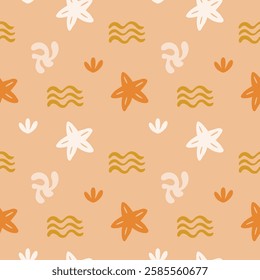 Boho Organic Summer Pattern. Abstract Beach Hand Drawn Background. Boho Sun And Palm Print. Vector Illustration Cutout Naive Style. Ocean Coral Sun Seamless Pattern for Textile. Modern Groovy Bg.