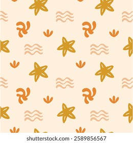 Boho Organic Summer Pattern. Abstract Beach Hand Drawn Background. Boho Sun And Palm Print. Vector Illustration Cutout Naive Style. Ocean Coral Sun Seamless Pattern for Textile. Modern Groovy Bg.