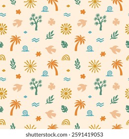 Boho Organic Summer Pattern. Abstract Beach Hand Drawn Background. Boho Sun And Palm Print. Vector Illustration Cutout Naive Style. Ocean Coral Sun Seamless Pattern for Textile. Modern Groovy Bg.