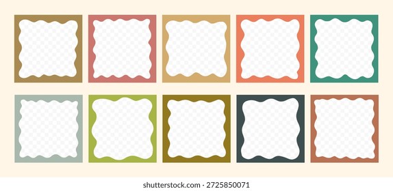 Boho Organic Wavy Square Frame Set with Empty Png Transparent Space. Square Scallop Cute Wave Picture Border Collection. Scallop Wavy Frame Shape Kit. Vector Illustration