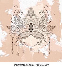 Boho ornamental lotus flower, henna tattoo design, Indian paisley. Hand drawn Vector illustration. Mystical, astrology, ritual, bohemian, yoga symbol in zentangle style.