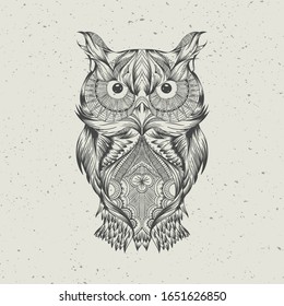 Boho ornamental owl illustration, ethnics abstract doodle on floral background, sketch of totem animal with feather in tribal decor