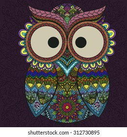 Boho ornamental owl illustration, ethnics abstract doodle on floral background, sketch of totem animal with feather in tribal decor 