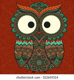 Boho ornamental owl illustration, ethnics abstract doodle on floral background, sketch of totem animal with feather in tribal decor 