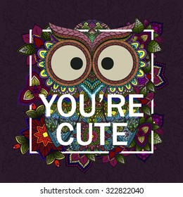 Boho ornamental owl illustration, ethnics abstract doodle on floral background, sketch of totem animal with feather in tribal decor 