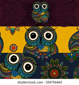 Boho ornamental owl illustration, ethnics abstract doodle on floral background, sketch of totem animal with feather in tribal decor banner