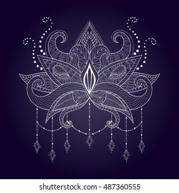 Boho ornamental white lotus flower, blackwork tattoo design, Indian paisley. Hand drawn vector isolated illustration. Mystical, astrology, ritual, bohemian, yoga symbol in zentangle style.