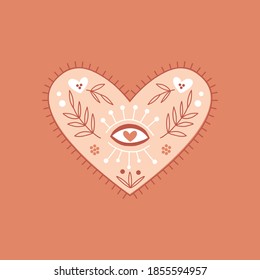 Boho ornate folk floral heart with seeing eye vector illustration for magical spiritual design