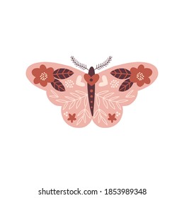 Boho ornate folk floral moth butterfly vector illustration for magical bohemian design