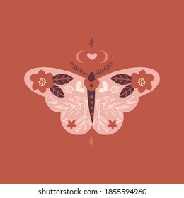 Boho ornate folk floral moth butterfly vector illustration for magical bohemian design