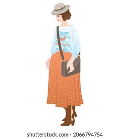 Boho outfit 2022. Fashion look of curvy woman with silk polka dot midi skirt and felt hat. Vector hand drawn isolated illustration