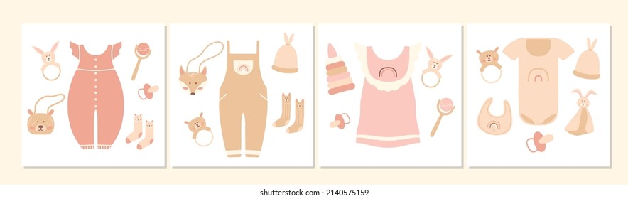 Boho outfit. Cute little girl wardrobe. Vector illustration. Accessories for newborns. Boho baby clothes, abstract boho style clothes, cute minimal kids clothes, clothes clipart.