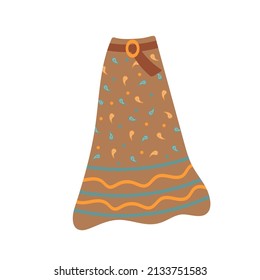 Boho outfit. Ethnic pattern belted skirt. Vector illustration.