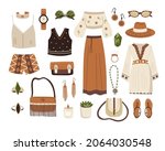Boho outfit set. Bohemian style fashion look. Bundle of Different element, hat, bags, sandals, sun glasses, accessories, clothes with ethnic motives