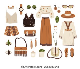 Boho outfit set. Bohemian style fashion look. Bundle of Different element, hat, bags, sandals, sun glasses, accessories, clothes with ethnic motives
