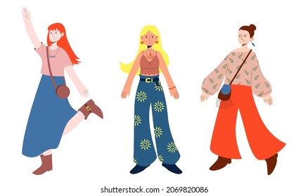 Boho outfit Set. Girls in bohemian clothes. Vector illustration in flat style white background.