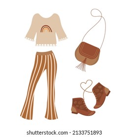 Boho outfit. Striped flared trousers, rainbow blouse, fringed bag and leather boots. Vector illustration.