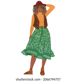 Las mujeres del grupo Boho 2020. Moda de aspecto étnico. Una mujer afroamericana que lleva puesto una falda redonda midi, hat y chaleco. Ilustración aislada del vector