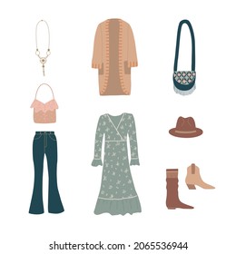 Boho outfits elements collection. Fashion clothing and accessories vector illustration. Stylish garments set.