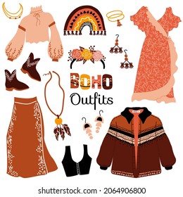 Boho outfits  set. Trendy clothes and accessories. Jacket, blouse,  skirt, crop top, dress and fringed vest, earrings and beads, wreath,  handbag, boots.  Vector illustration with text