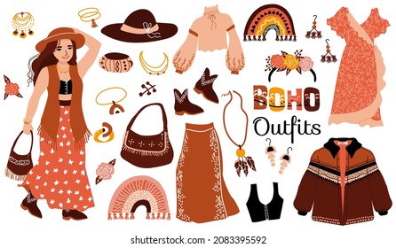 Boho outfits  set. Trendy clothes and accessories. Jacket, blouse,  skirt, crop top, dress and fringed vest, earrings and beads, wreath,  handbag, boots. Stylish woman.  Vector illustration with text