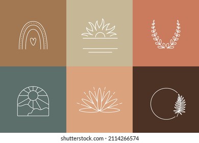 Boho outline logos collection. Minimal emblem set. Bohemian signs. Mid century style. Elegant badge for company branding. Customizable linear contour symbol. Editable stroke. Vector stock illustration