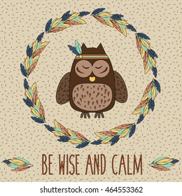 Boho owl and feather wreath in hand drawn style. Tribal, ethnic boho chic inspirational vector illustration