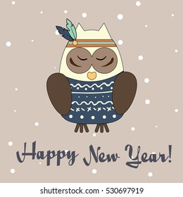 Boho owl in hand drawn style. Winter, Happy New year greeting card, banner, vector background with tribal bird in sweater and falling snow