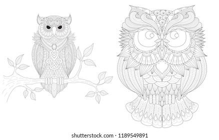 Boho owls set for tattoo, t shirt design, coloring book,coloring page for anti stress and so on. Freehand drawing. Vector illustration