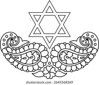 Boho Paisley Star de David Clip Art. Símbolo Sagrado para a Decoração Judaica. Clipart de contorno preto
