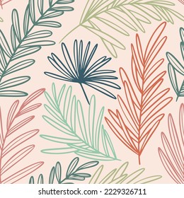 Boho Palm leaves line sketch hand drawn seamless pattern