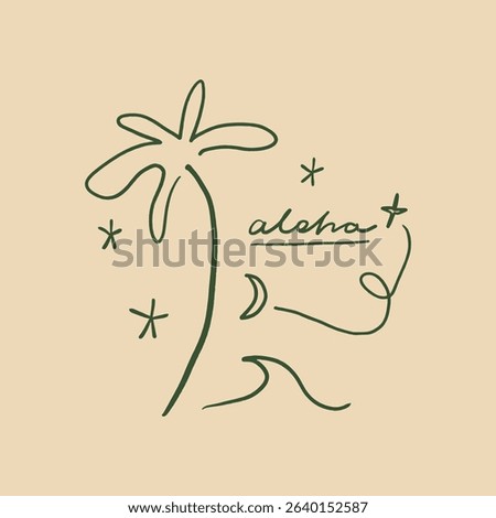 Boho palm tree handmade doodle style Aloha Hawaii vibe logo lettering, ideal for summer t-shirt, surf studio poster and more, hand drawn text with decor elements vintage vector clipart