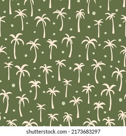 Boho palm trees with dots seamless repeat pattern. Exotic botanical and geometrical elements all over surface print on green background.