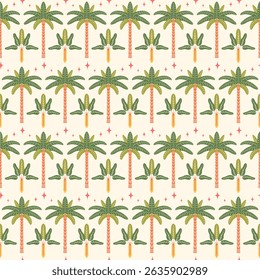 Boho palm trees vector seamless pattern illustration. Modern tropical summer repeat tile design with stylized symmetrical exotic palms and stars on light background in flat retro nostalgic style