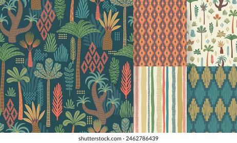 Boho palms. Ethnic tropical seamless patterns with palms and geometric elements. Modern abstract design for paper, cover, fabric, interior decor and other use