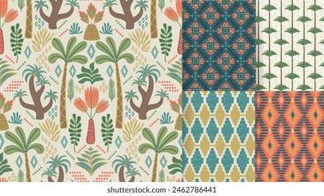 Boho palms. Ethnic tropical seamless patterns with palms and geometric elements. Modern abstract design for paper, cover, fabric, interior decor and other use
