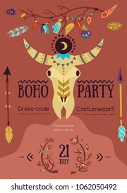 Boho party date announcement poster with  cow head symbol arrows feathers on earth tone background vector illustration 