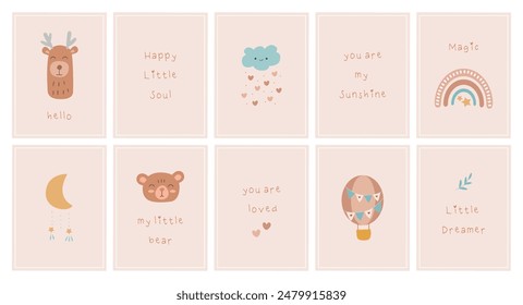 Boho pastel baby posters collection. Rainbow, moon, cloud, cute bear design for nursery. Hand drawn illustration in scandinavian style. Vector 