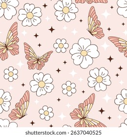 Boho Pastel Daisy and Butterfly Seamless Vector Pattern. Girlish Floral Design in Soft Colors. Whimsical feminine aesthetic perfect for nursery decor, kids fashion, fabric prints, scrapbooking, and