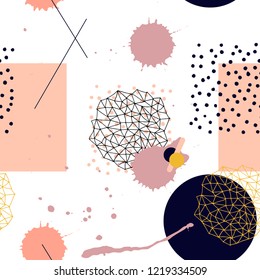 Boho pastel minimal seamless pattern with ink brush ornaments. Geometric texture. Abstract romantic Scandinavian background. Creative card, poster, paper