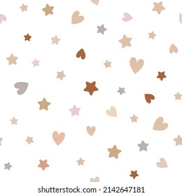 Boho pastel pattern with stars and hearts. Kids boho background. Isolated on white background. Nursery wall art, baby textile.