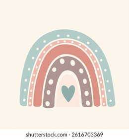 Boho Pastel Rainbow Vector with Heart and Dots. Cute Minimalist Clipart for Nursery, Kids Room, and Baby Shower Decor
