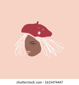 Boho Pastel Terracotta Collage Line Drawing African Black Woman With Red Beret Face Hairstyle Fashion Beauty Minimalist Vector Illustration Modern Abstract Graphics Print Clipart