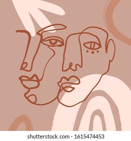 Boho Pastel Terracotta Collage Line Drawing African Black Women Couple Twin Faces Hairstyle Fashion Beauty Minimalist Vector Illustration Modern Abstract Graphics Print Clipart