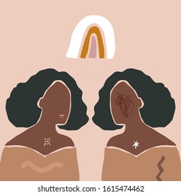 Boho Pastel Terracotta Collage Line Drawing African Black Women Couple Twin Faces Hairstyle Fashion Beauty Minimalist Vector Illustration Modern Abstract Graphics Print Clipart