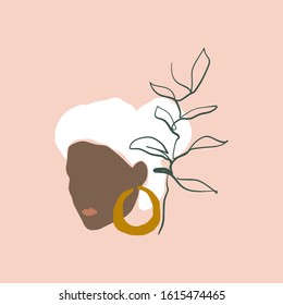 Boho Pastel Terracotta Collage Line Drawing African Black Woman With Gold Earring Face Hairstyle Fashion Beauty Minimalist Vector Illustration Modern Abstract Graphics Print Clipart