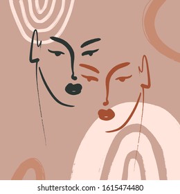 Boho Pastel Terracotta Collage Line Drawing African Black Women Couple Twin Faces Hairstyle Fashion Beauty Minimalist Vector Illustration Modern Abstract Graphics Print Clipart