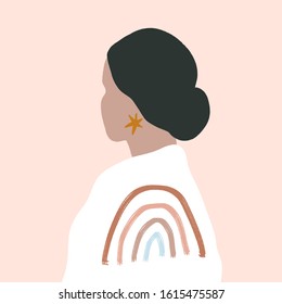 Boho Pastel Terracotta Collage Line Drawing Ethnic Woman With Earring Face Hairstyle Fashion Beauty Minimalist Vector Illustration Modern Abstract Graphics Print Clipart