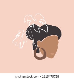 Boho Pastel Terracotta Collage Line Drawing Ethnic Woman With Earring Face Hairstyle Fashion Beauty Minimalist Vector Illustration Modern Abstract Graphics Print Clipart