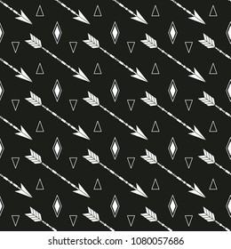 Boho pattern with arrows, Seamless black-and-white vector illustration